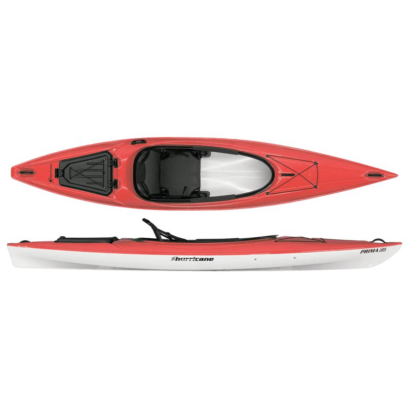 Prima 125 Sport 6 Prima 125 Sport Hurricane Prima 125 sit-inside recreational kayak in coral color, top and side view. The thermoformed kayak features a spacious cockpit, rear sealed storage hatch, and black deck rigging.