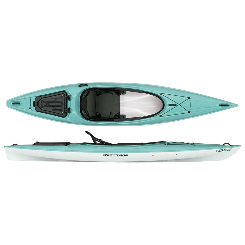 Prima 125 Sport 8 Prima 125 Sport Hurricane Prima 125 sit-inside recreational kayak in mint green color, top and side view. The thermoformed kayak features a spacious cockpit, rear sealed storage hatch, and black deck rigging.