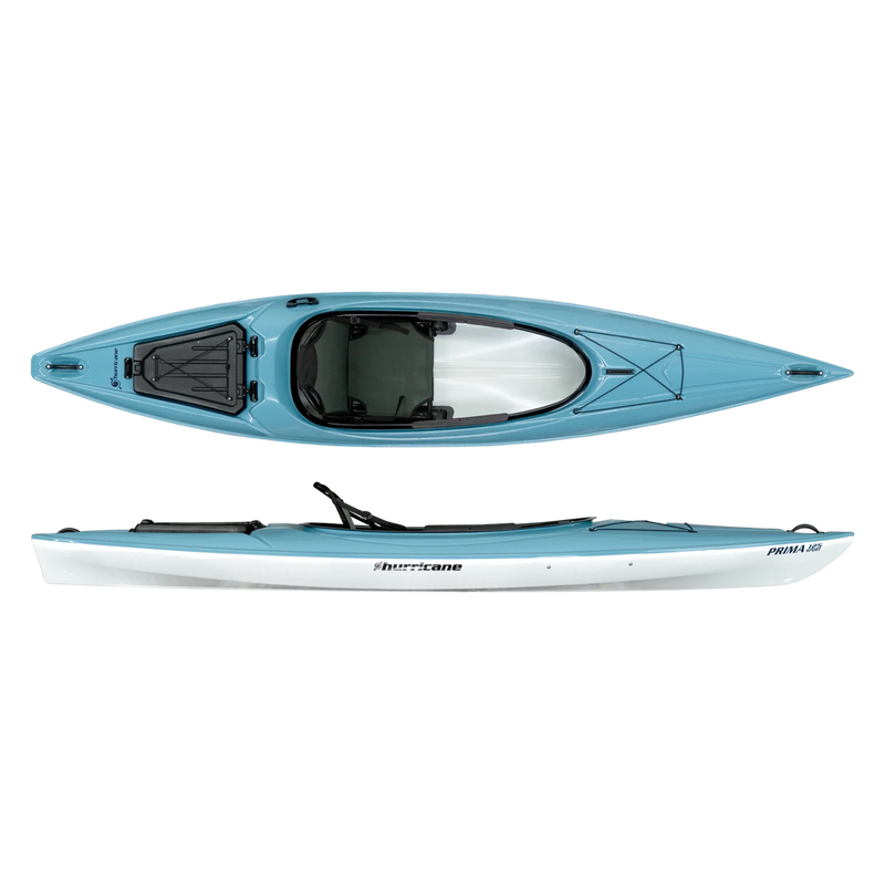 Prima 125 Sport 7 Prima 125 Sport Hurricane Prima 125 sit-inside recreational kayak in slate color, top and side view. The thermoformed kayak features a spacious cockpit, rear sealed storage hatch, and black deck rigging.