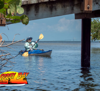 paddling under bridge at Robinson Preserve Park looking out towards the Skyway Bridge.