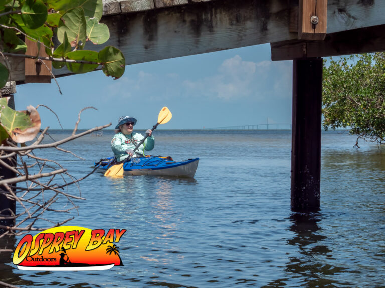 paddling under bridge at Robinson Preserve Park looking out towards the Skyway Bridge.