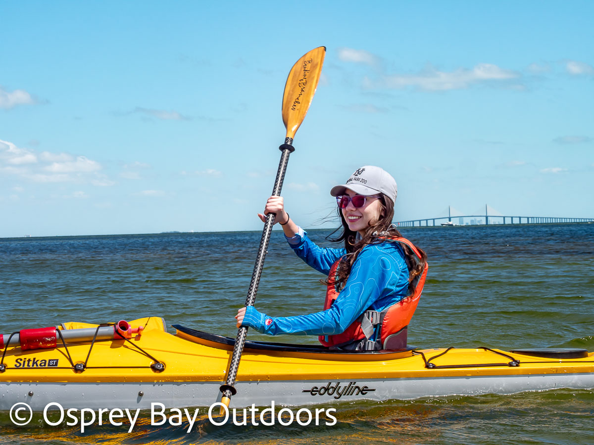 Robinson Preserve, Delaney paddling a Sitka ST with Skyway Bridge in background